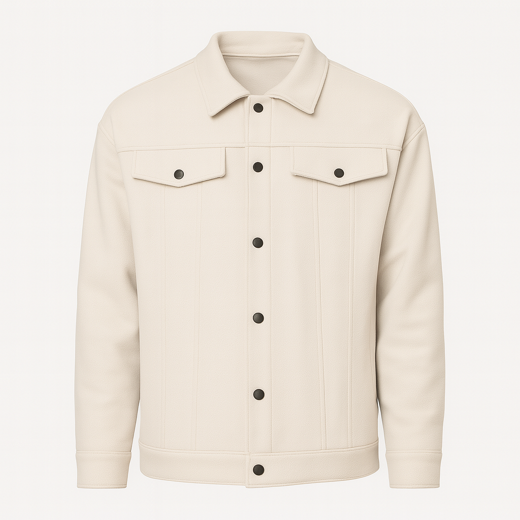 Men’s button-up jacket with chest flap pockets, shirt collar, and structured sleeves.