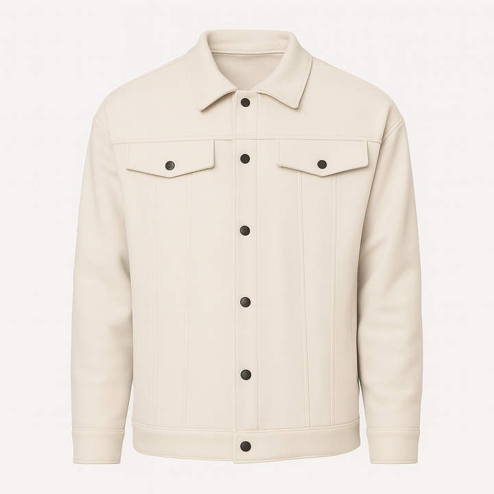 Men’s button-up jacket with chest flap pockets, shirt collar, and structured sleeves.