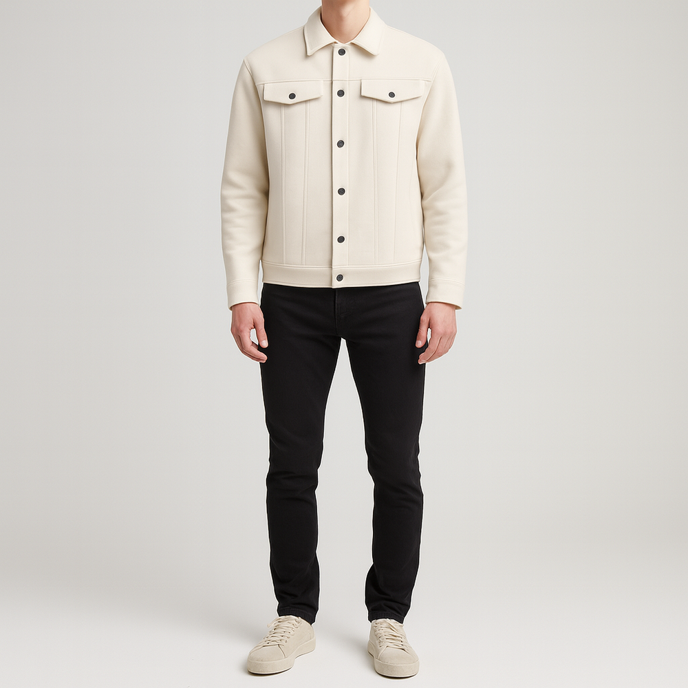 Men’s button-up jacket with chest flap pockets, shirt collar, and structured sleeves.