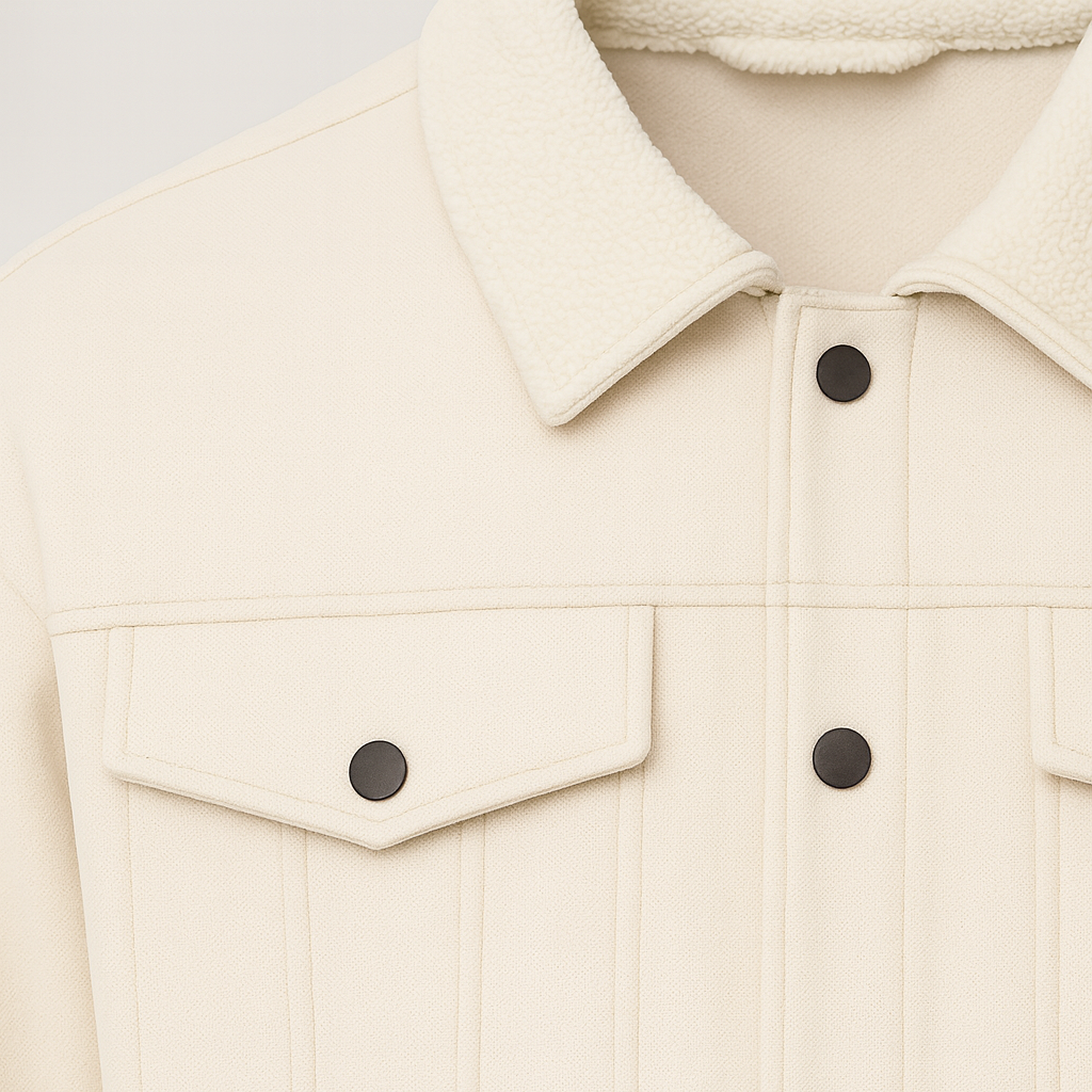 Men’s button-up jacket with chest flap pockets, shirt collar, and structured sleeves.