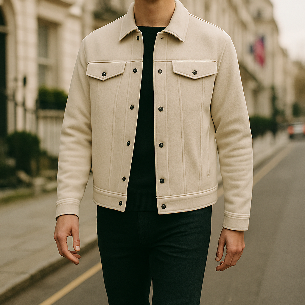 Men’s button-up jacket with chest flap pockets, shirt collar, and structured sleeves.