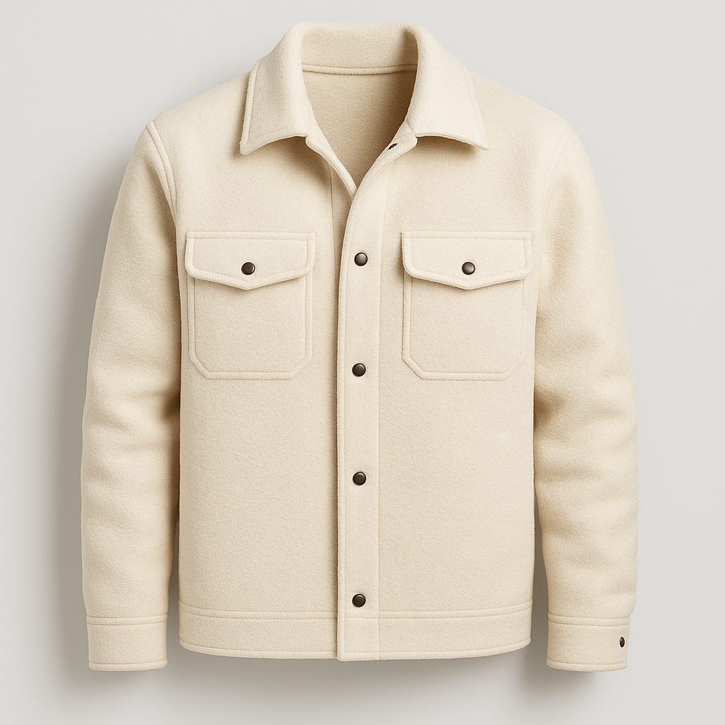 Men’s wool-style jacket with snap-button front, structured collar, and dual chest flap pockets.