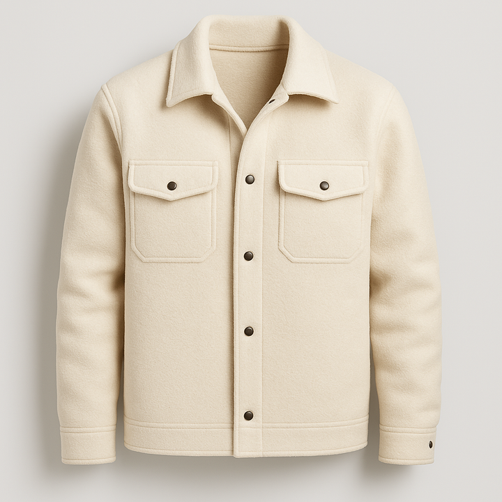Men’s wool-style jacket with snap-button front, structured collar, and dual chest flap pockets.