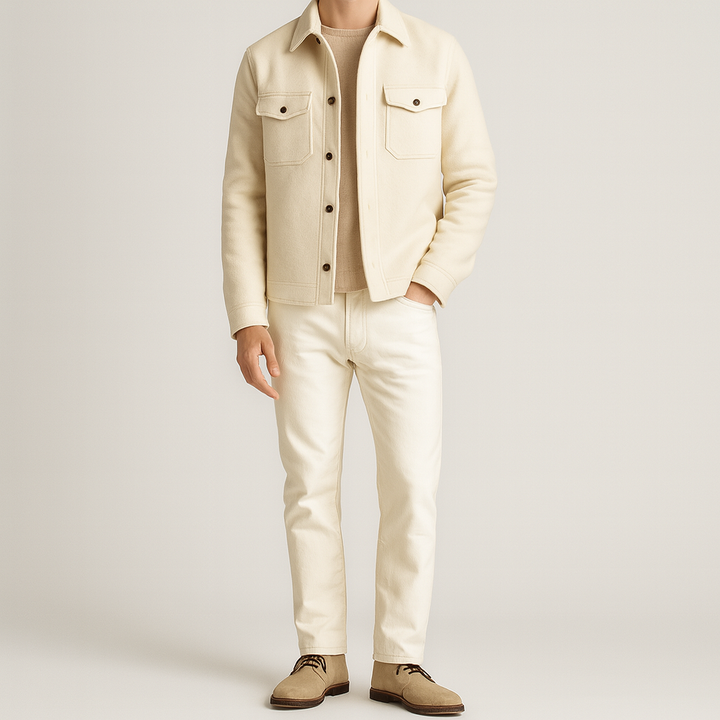 Men’s wool-style jacket with snap-button front, structured collar, and dual chest flap pockets.