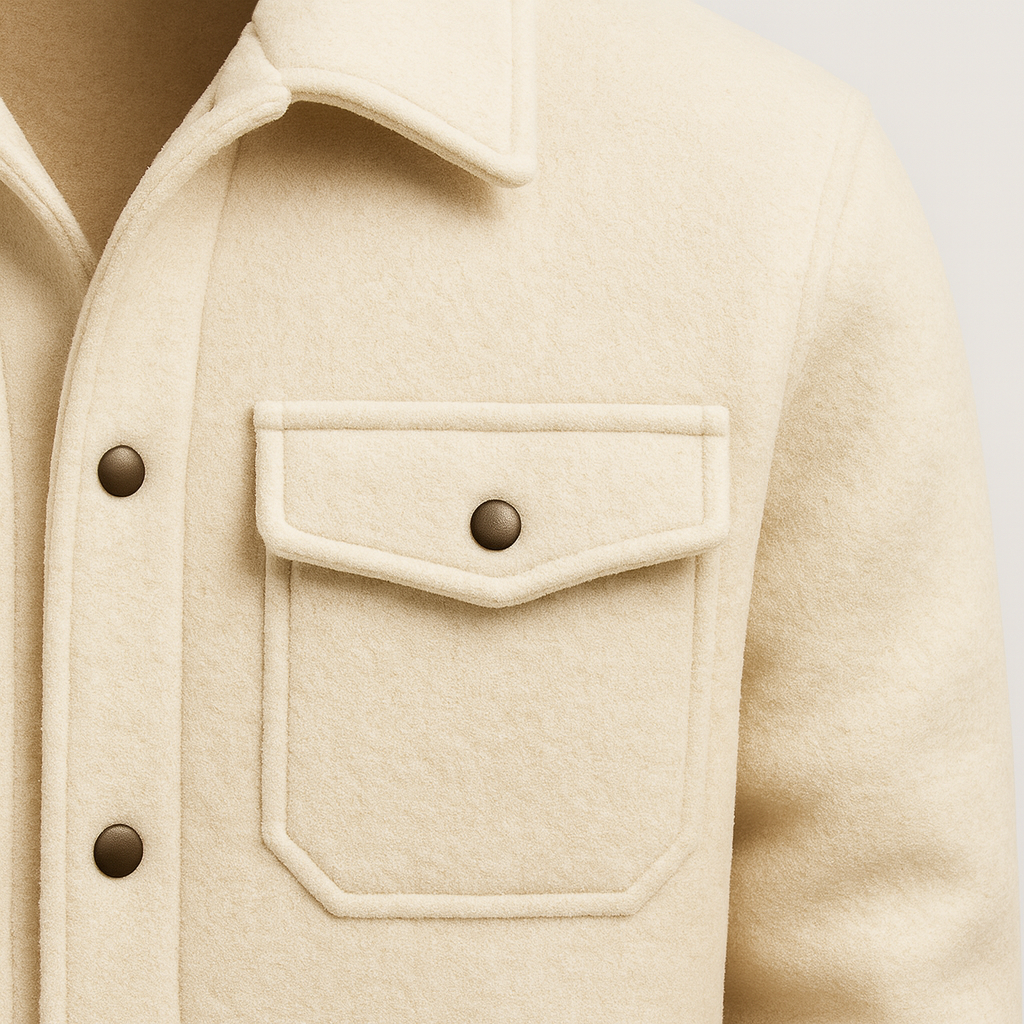Men’s wool-style jacket with snap-button front, structured collar, and dual chest flap pockets.