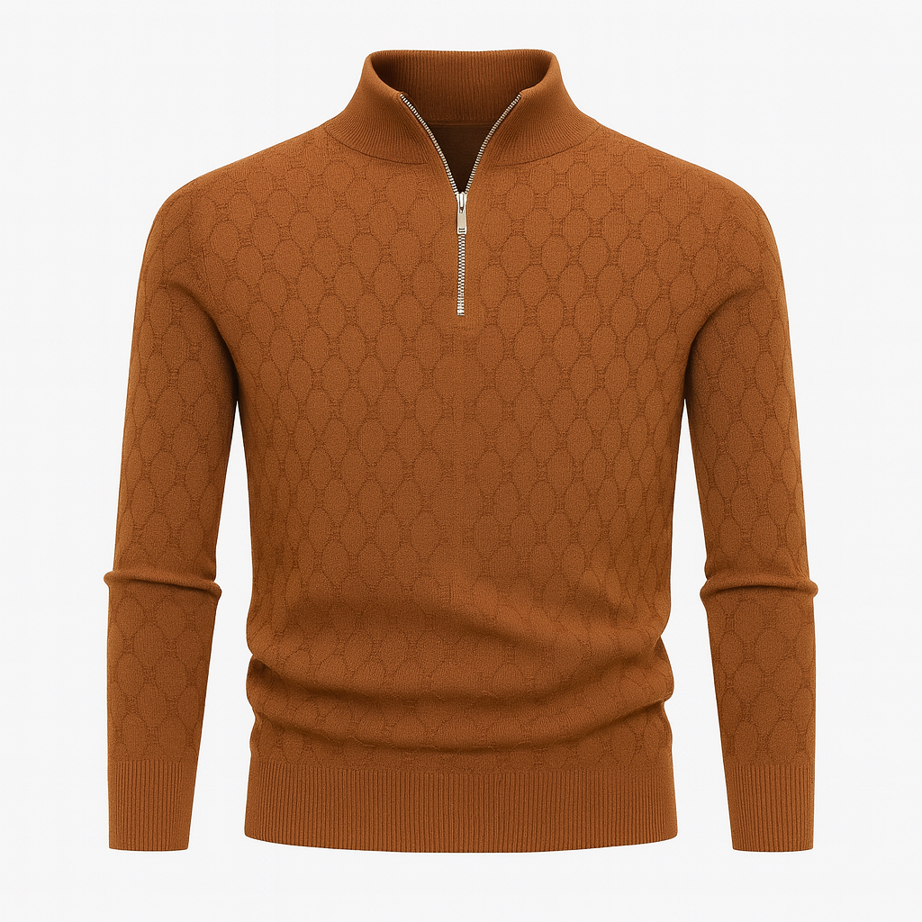 Patterned knit sweater with a half-zip collar.