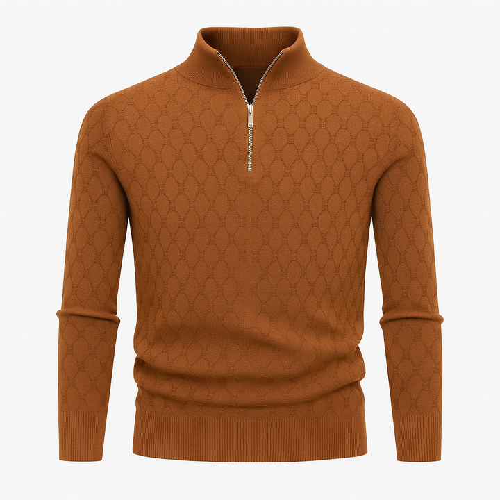 Patterned knit sweater with a half-zip collar.