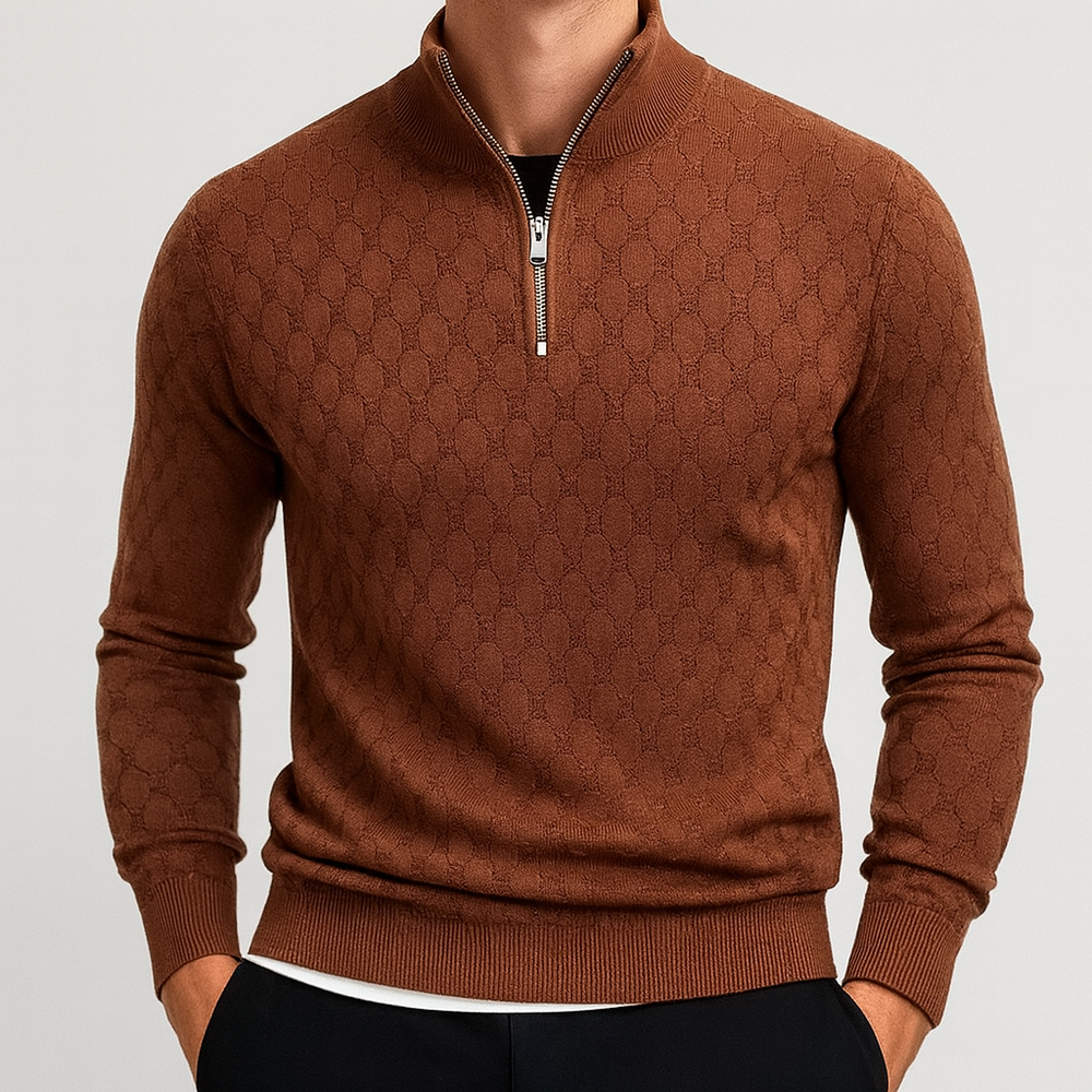 Patterned knit sweater with a half-zip collar.