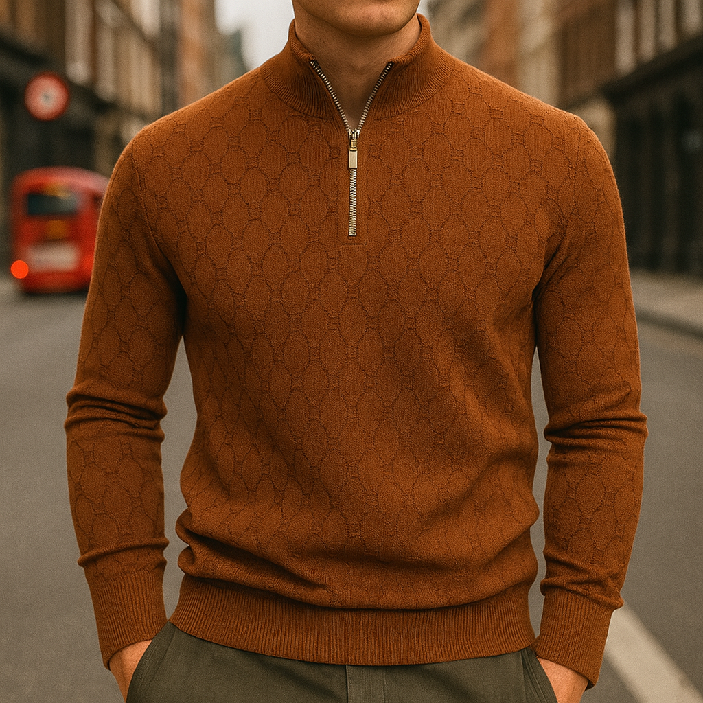 Patterned knit sweater with a half-zip collar.