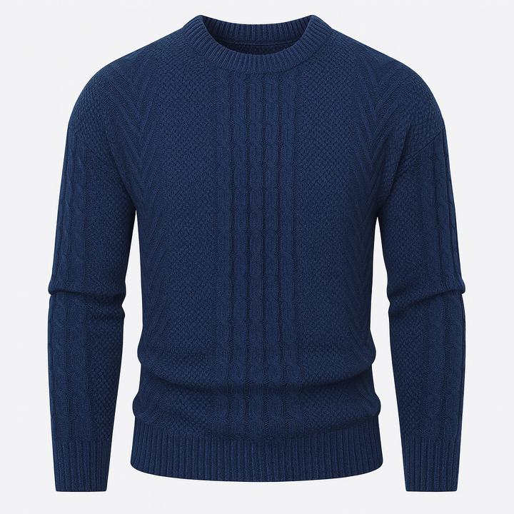 Textured cable-knit crewneck sweater.