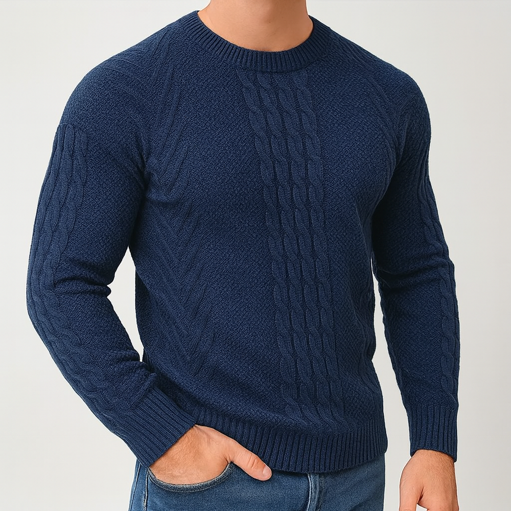 Textured cable-knit crewneck sweater.