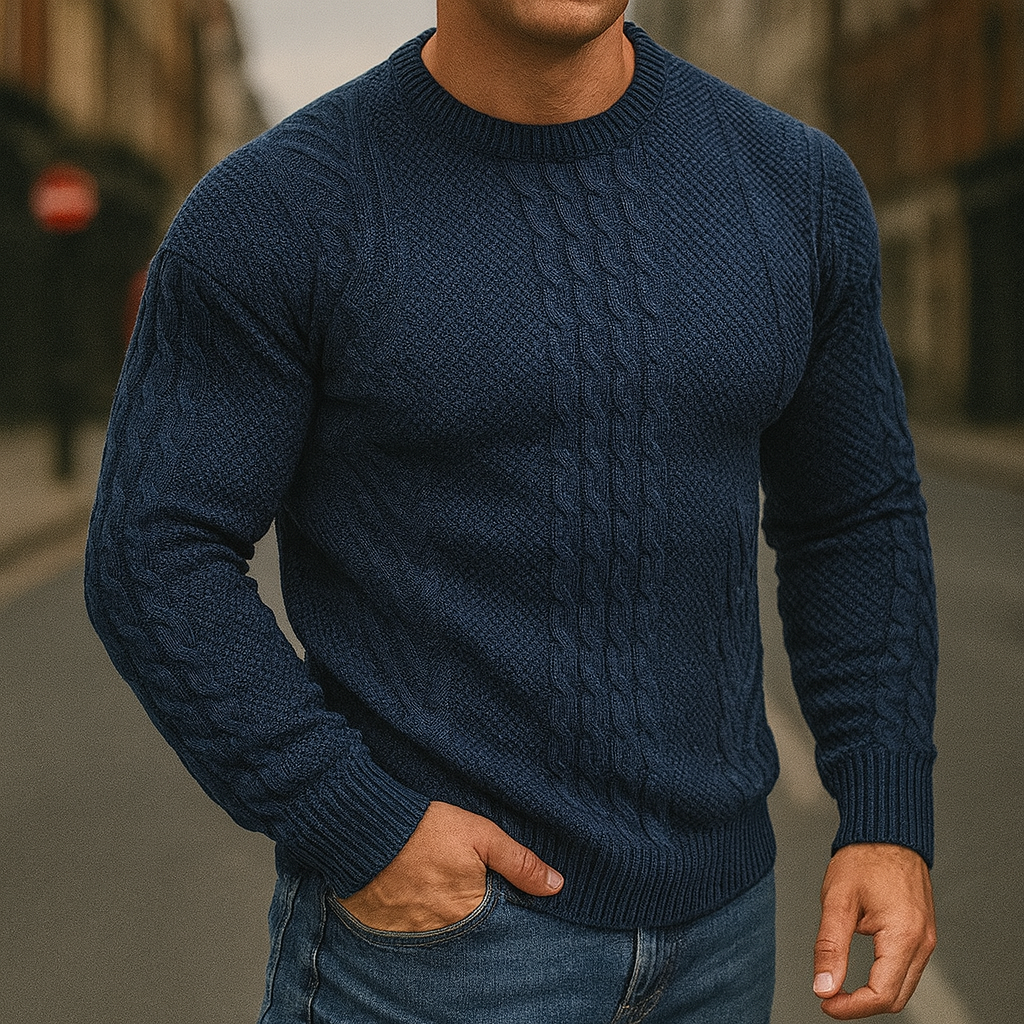 Textured cable-knit crewneck sweater.