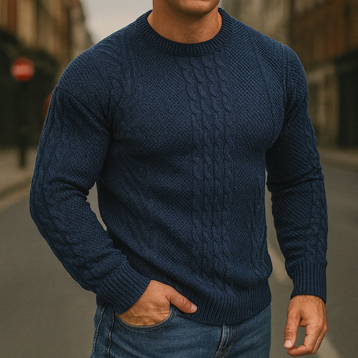 Textured cable-knit crewneck sweater.