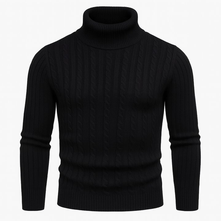 Ribbed turtleneck knit sweater.