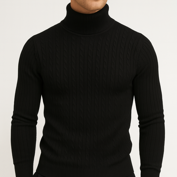Ribbed turtleneck knit sweater.