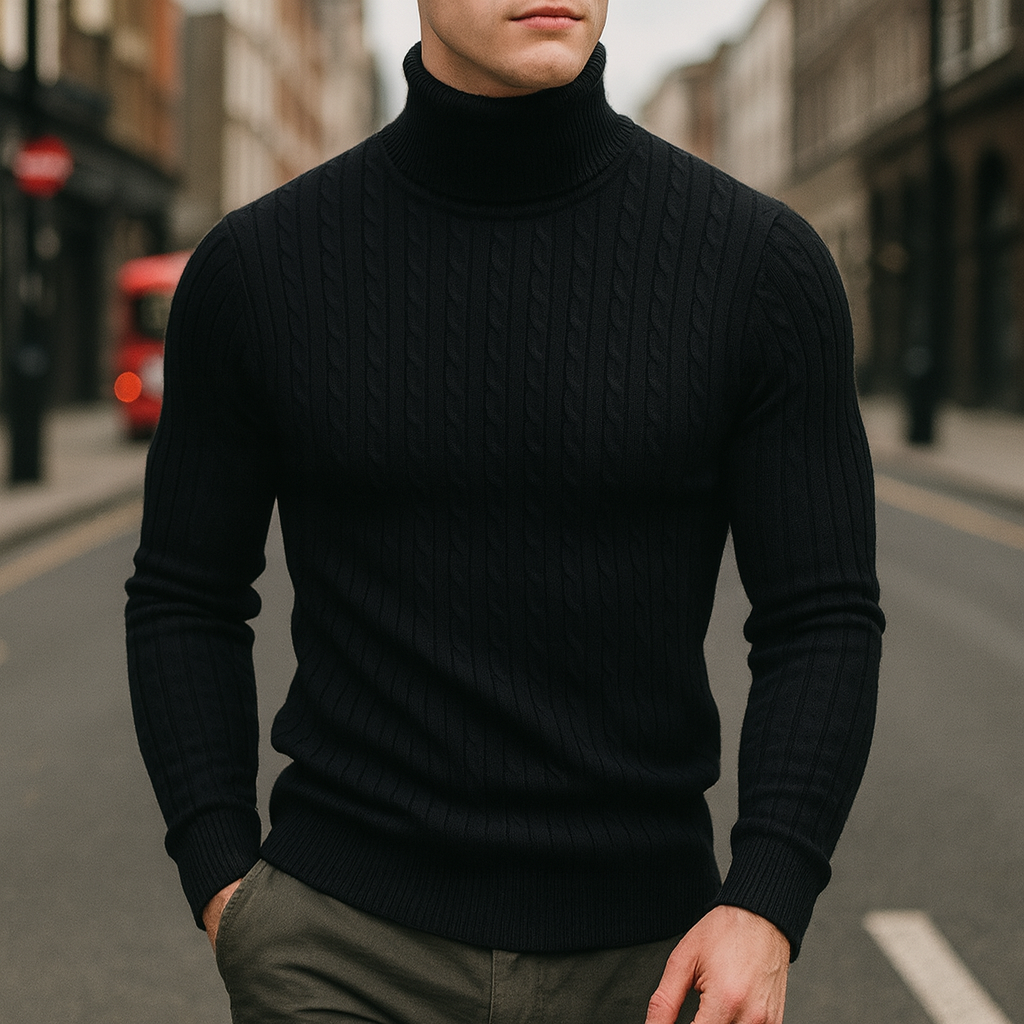 Ribbed turtleneck knit sweater.