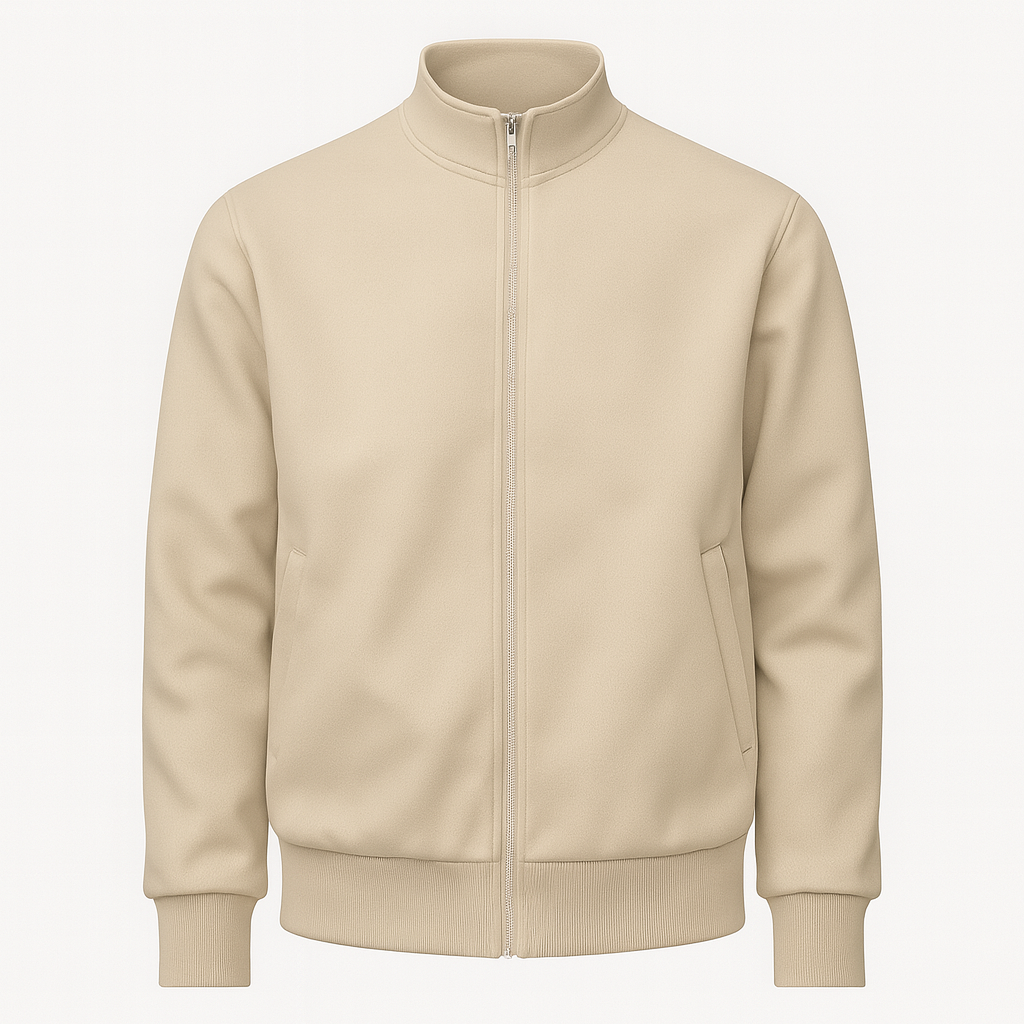 Men’s zip-up jacket with high collar, welt pockets, and ribbed cuffs and hem.