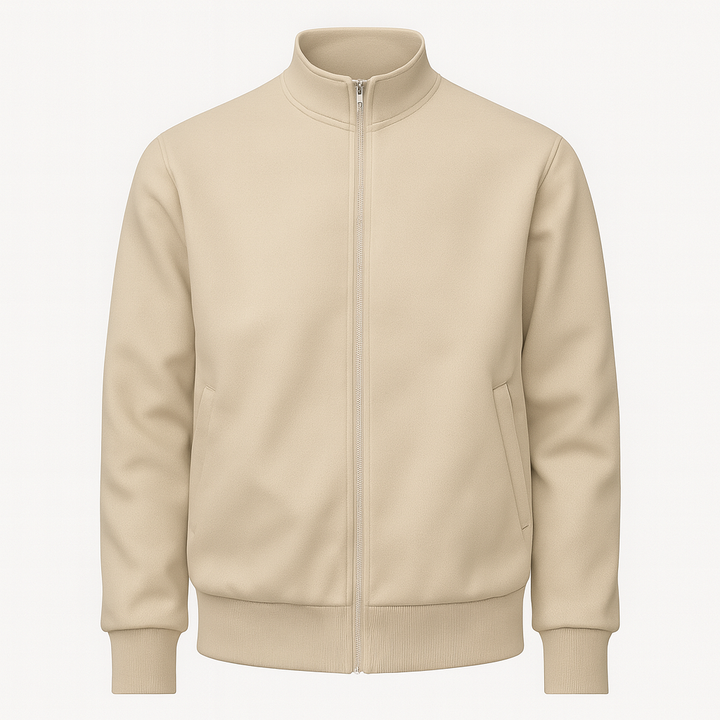 Men’s zip-up jacket with high collar, welt pockets, and ribbed cuffs and hem.