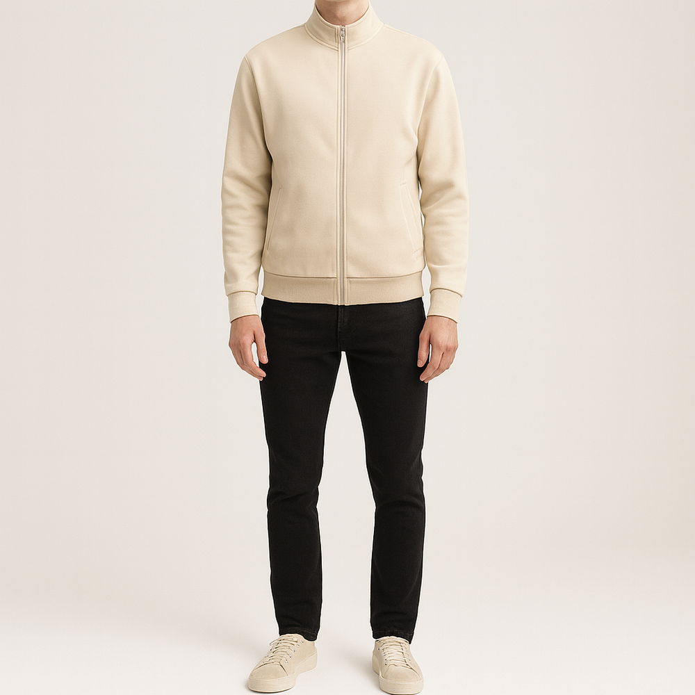 Men’s zip-up jacket with high collar, welt pockets, and ribbed cuffs and hem.