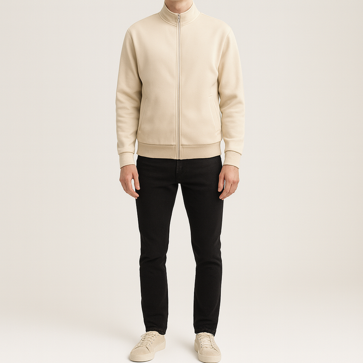 Men’s zip-up jacket with high collar, welt pockets, and ribbed cuffs and hem.