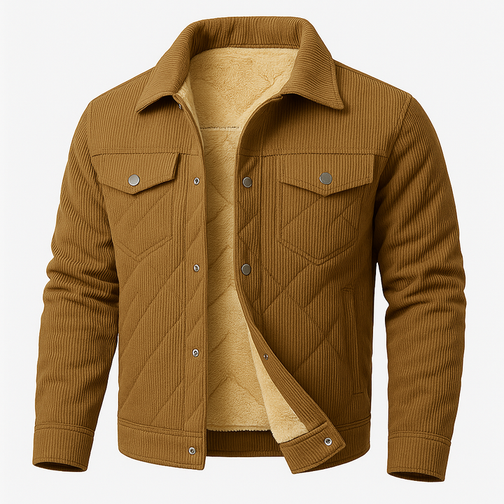 Men’s corduroy jacket with snap-button front, chest flap pockets, and plush quilted lining.