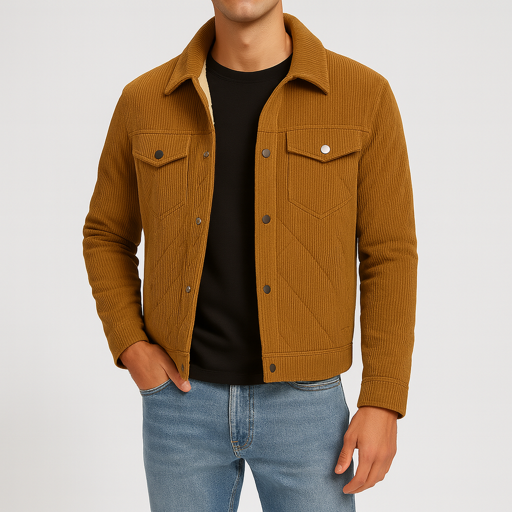 Men’s corduroy jacket with snap-button front, chest flap pockets, and plush quilted lining.