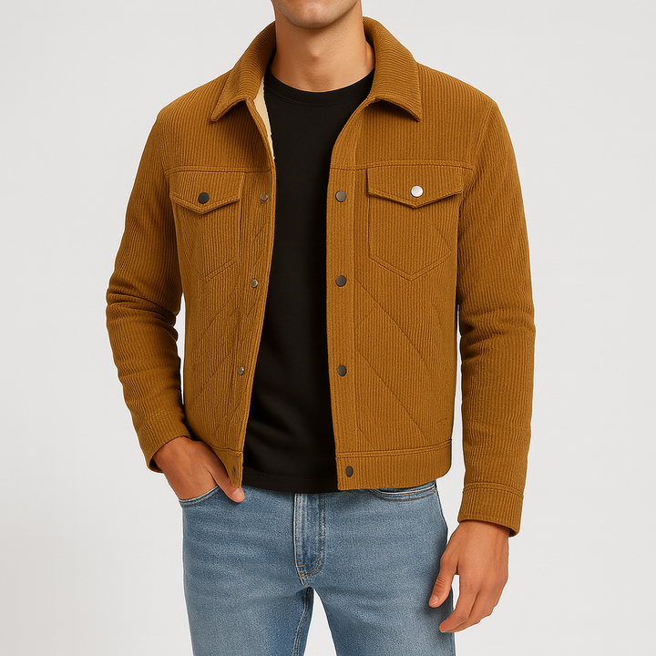 Men’s corduroy jacket with snap-button front, chest flap pockets, and plush quilted lining.