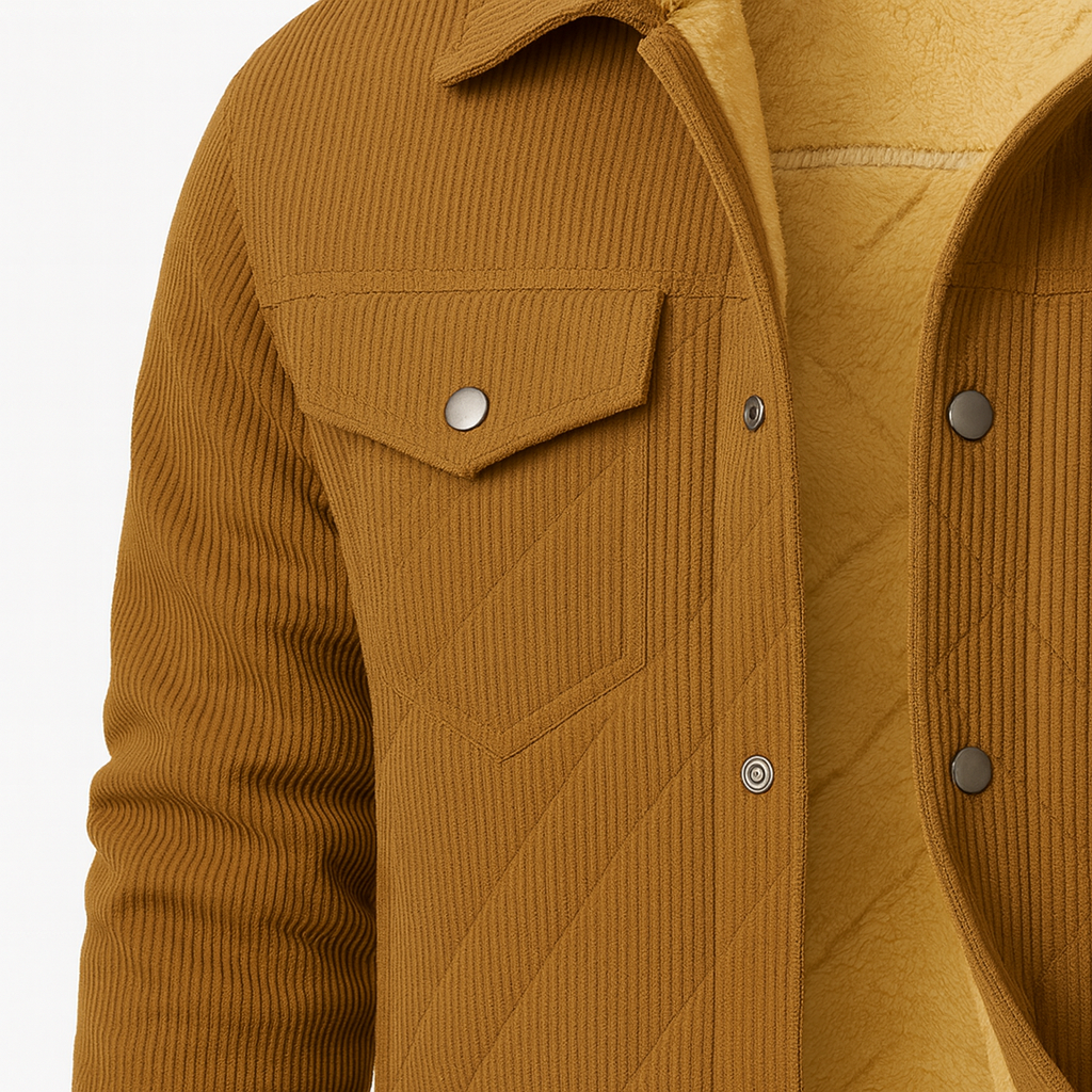 Men’s corduroy jacket with snap-button front, chest flap pockets, and plush quilted lining.