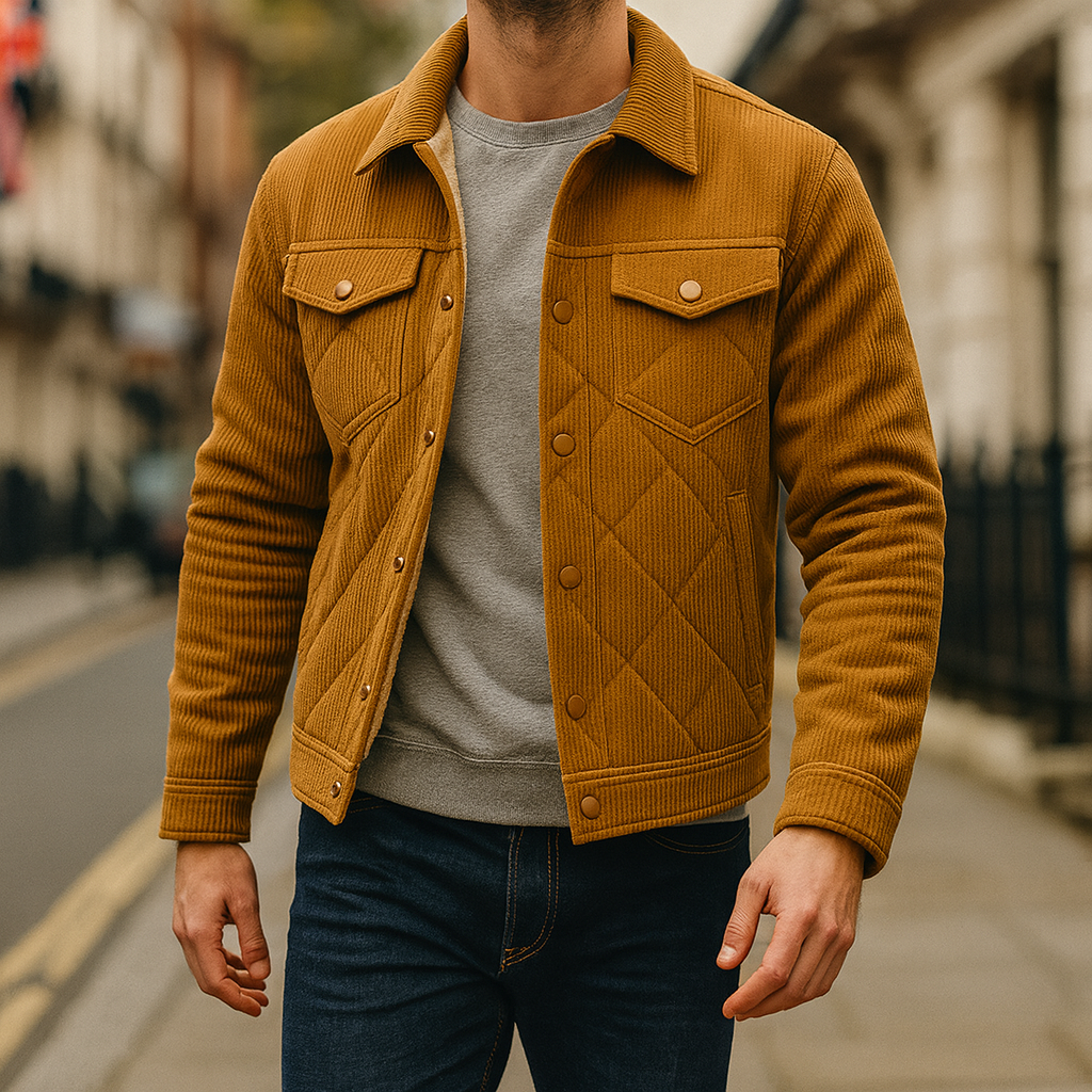 Men’s corduroy jacket with snap-button front, chest flap pockets, and plush quilted lining.