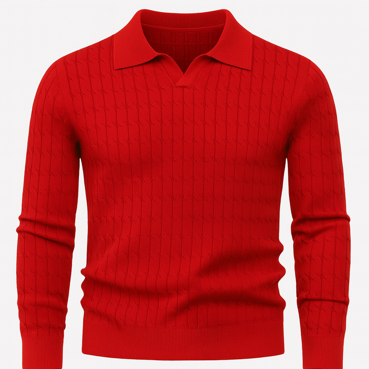 Textured knit polo sweater with long sleeves.