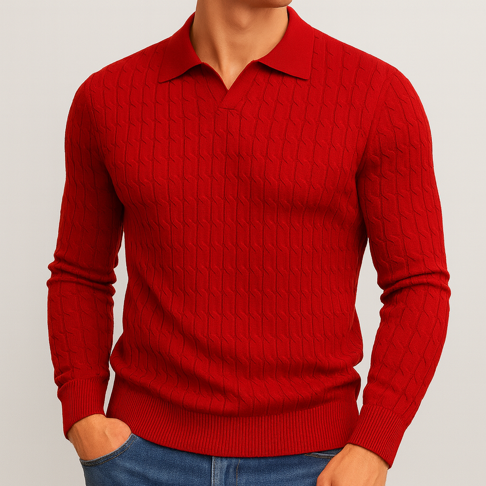Textured knit polo sweater with long sleeves.