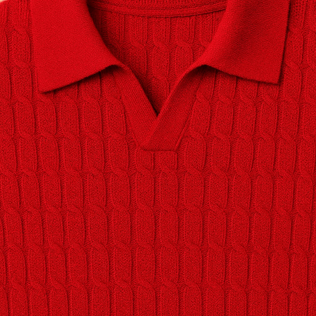 Textured knit polo sweater with long sleeves.