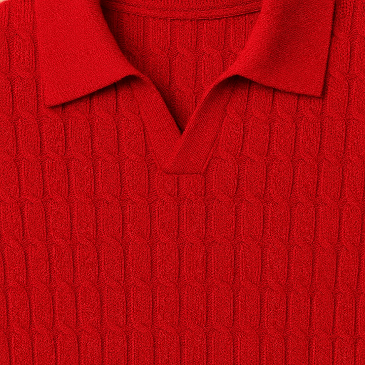 Textured knit polo sweater with long sleeves.