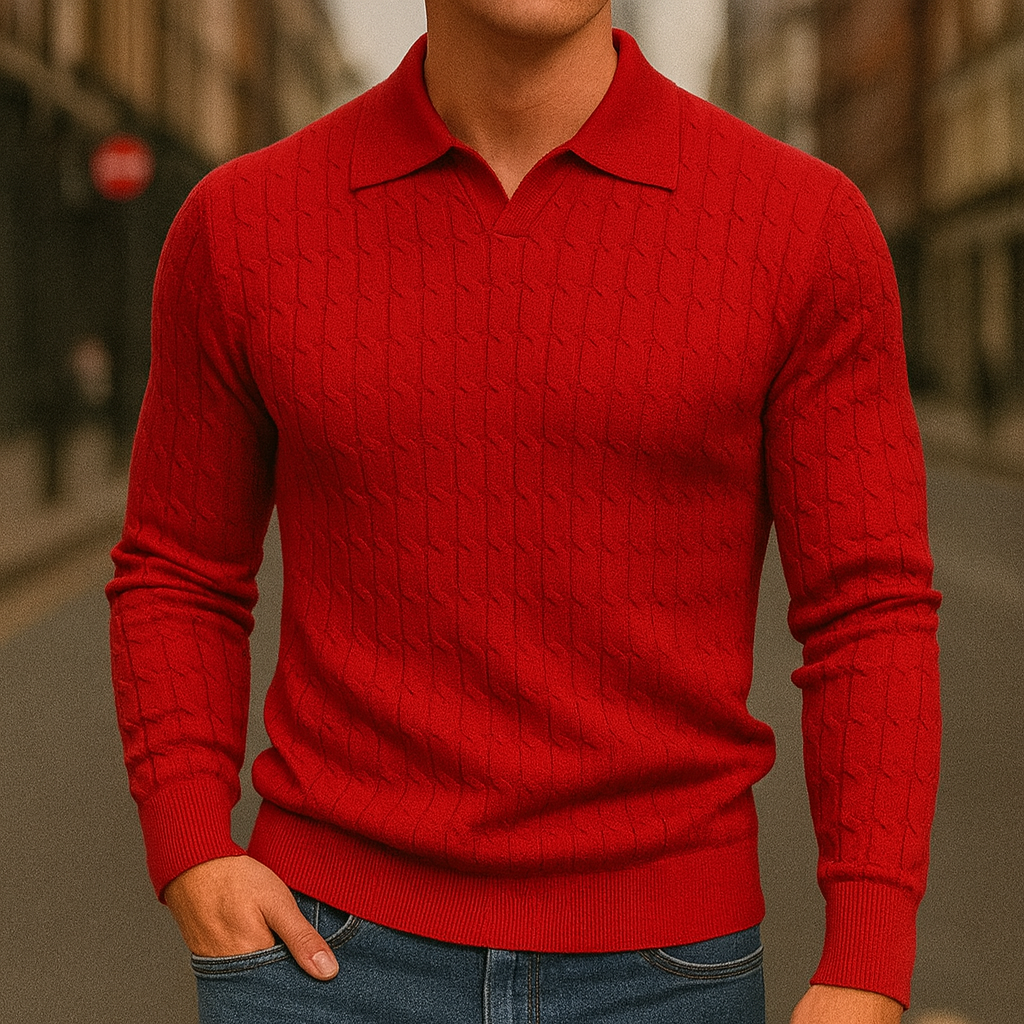 Textured knit polo sweater with long sleeves.