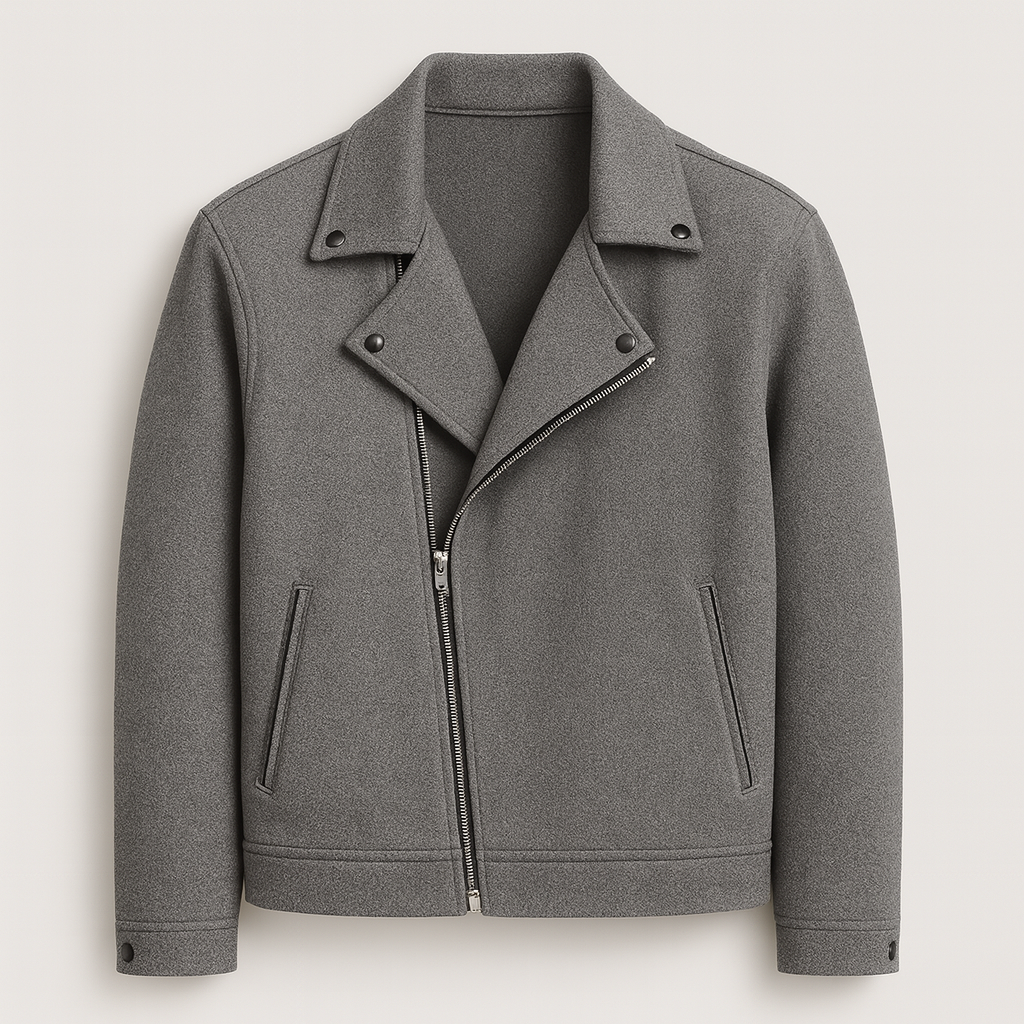 Men’s jacket with asymmetrical zip closure, wide notch collar, and welt pockets.