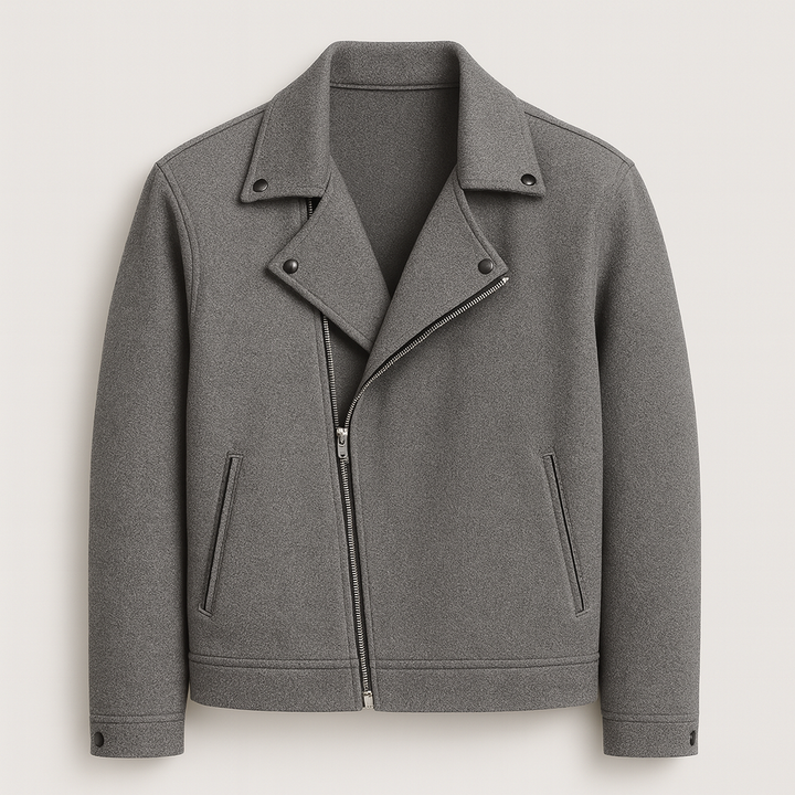 Men’s jacket with asymmetrical zip closure, wide notch collar, and welt pockets.