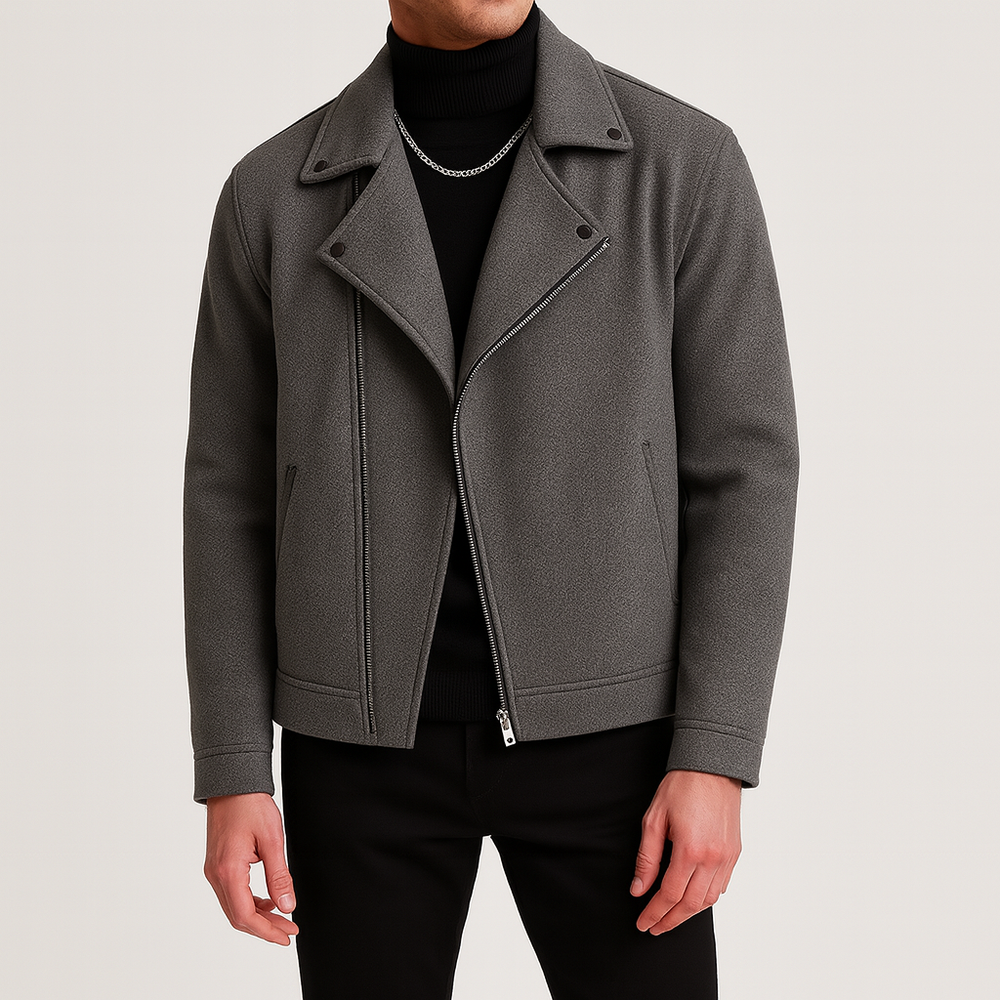 Men’s jacket with asymmetrical zip closure, wide notch collar, and welt pockets.