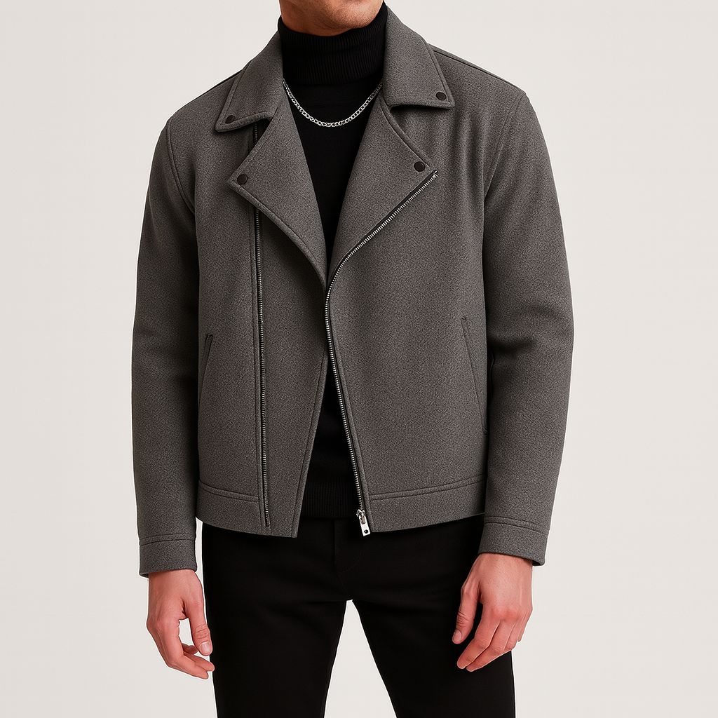 Men’s jacket with asymmetrical zip closure, wide notch collar, and welt pockets.