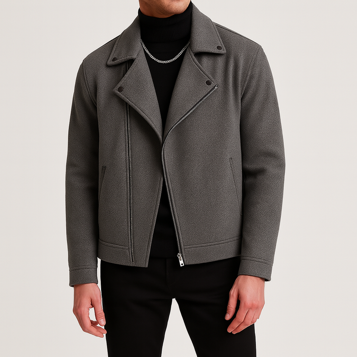 Men’s jacket with asymmetrical zip closure, wide notch collar, and welt pockets.
