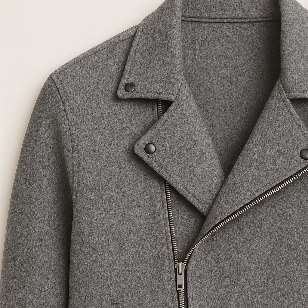 Men’s jacket with asymmetrical zip closure, wide notch collar, and welt pockets.