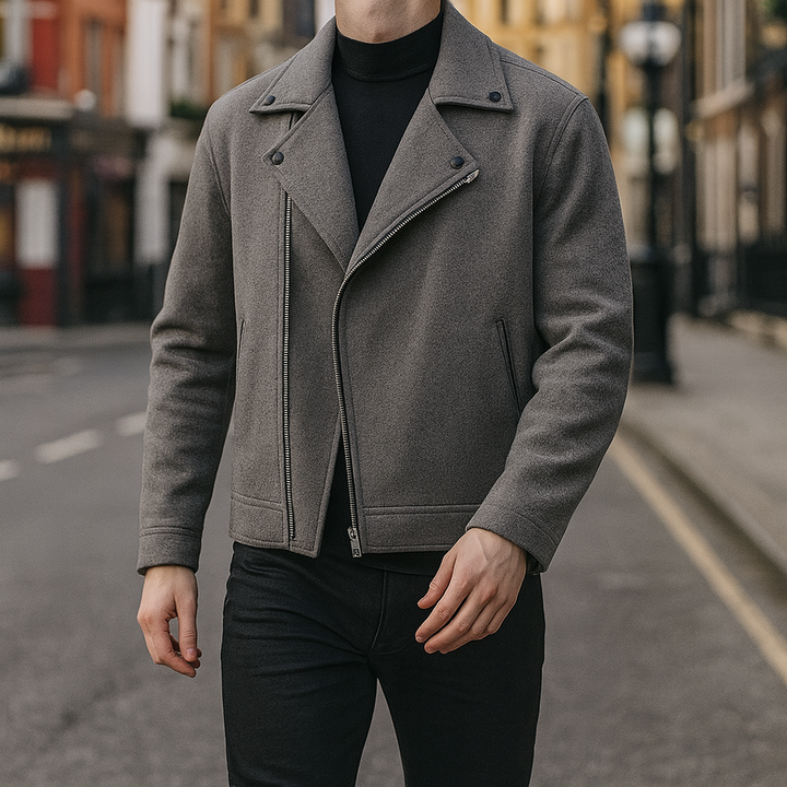 Men’s jacket with asymmetrical zip closure, wide notch collar, and welt pockets.