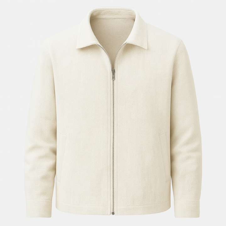 Men’s zip-up jacket with shirt collar, long sleeves, and side welt pockets.