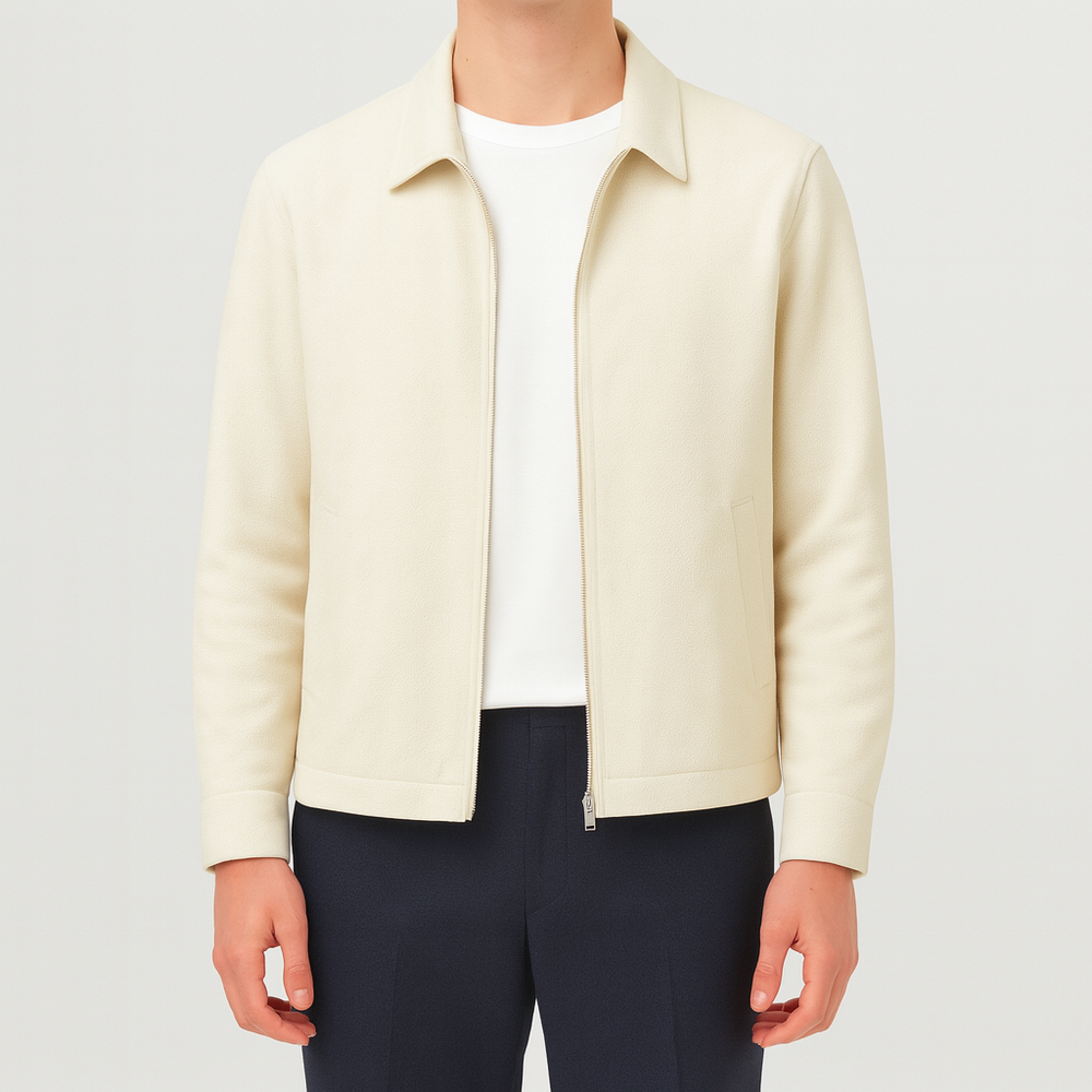 Men’s zip-up jacket with shirt collar, long sleeves, and side welt pockets.