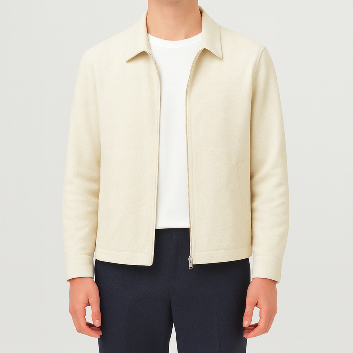 Men’s zip-up jacket with shirt collar, long sleeves, and side welt pockets.