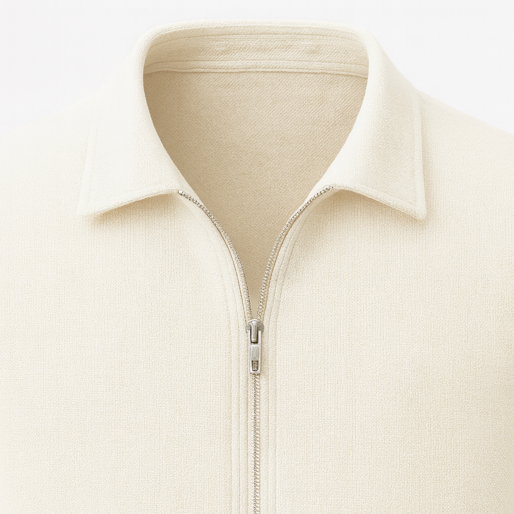 Men’s zip-up jacket with shirt collar, long sleeves, and side welt pockets.
