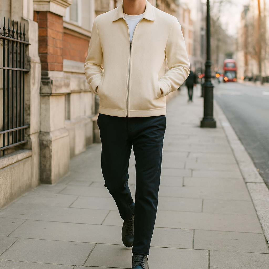 Men’s zip-up jacket with shirt collar, long sleeves, and side welt pockets.