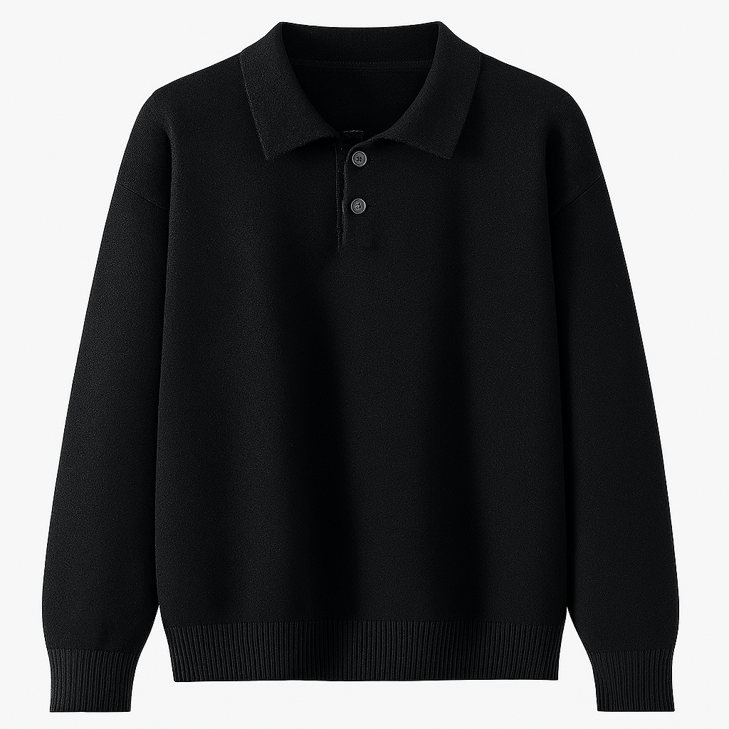 Long-sleeve knit polo sweater with a buttoned collar.