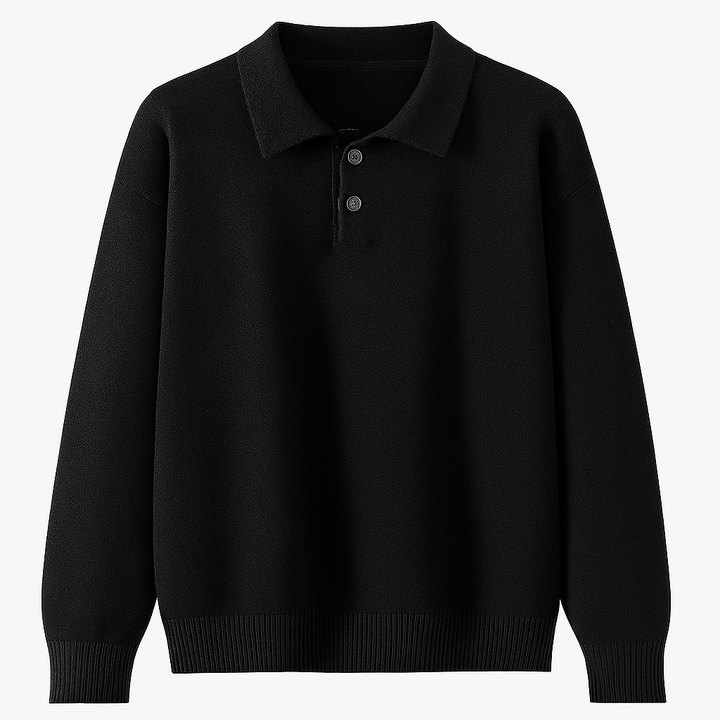 Long-sleeve knit polo sweater with a buttoned collar.