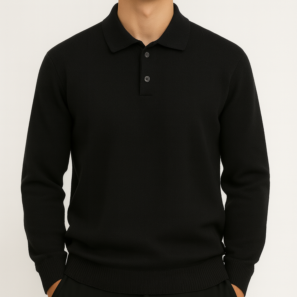 Long-sleeve knit polo sweater with a buttoned collar.
