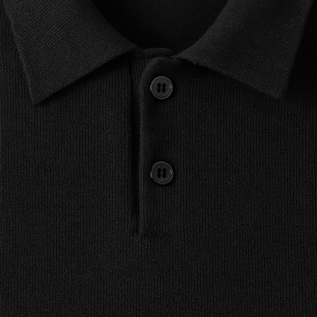 Long-sleeve knit polo sweater with a buttoned collar.